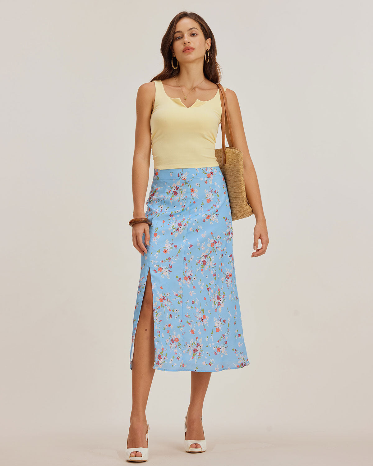 Falda Midi A-Line Floral Azul con Abertura