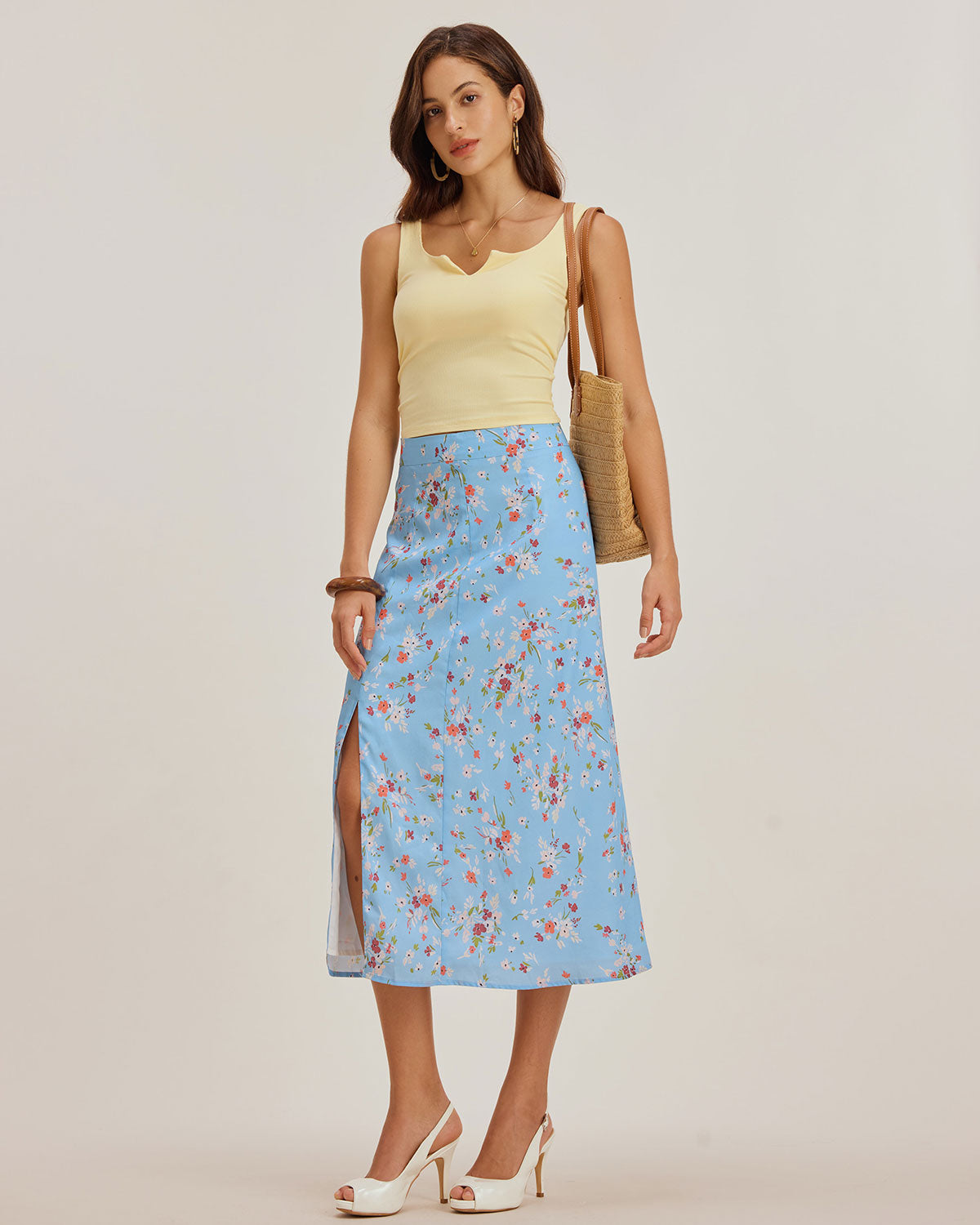 Falda Midi A-Line Floral Azul con Abertura