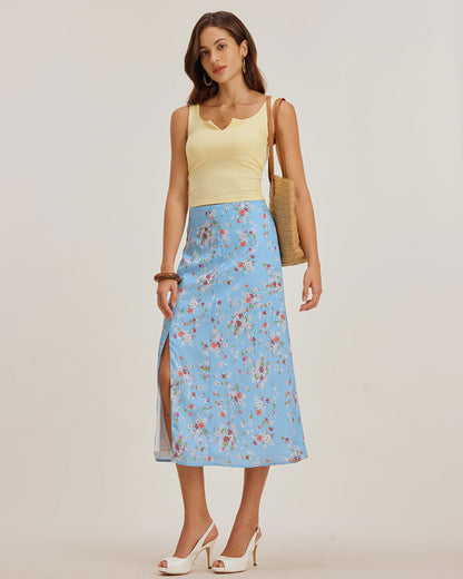 Falda Midi A-Line Floral Azul con Abertura