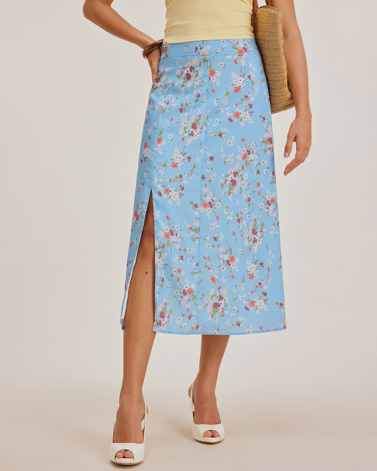 Falda Midi A-Line Floral Azul con Abertura