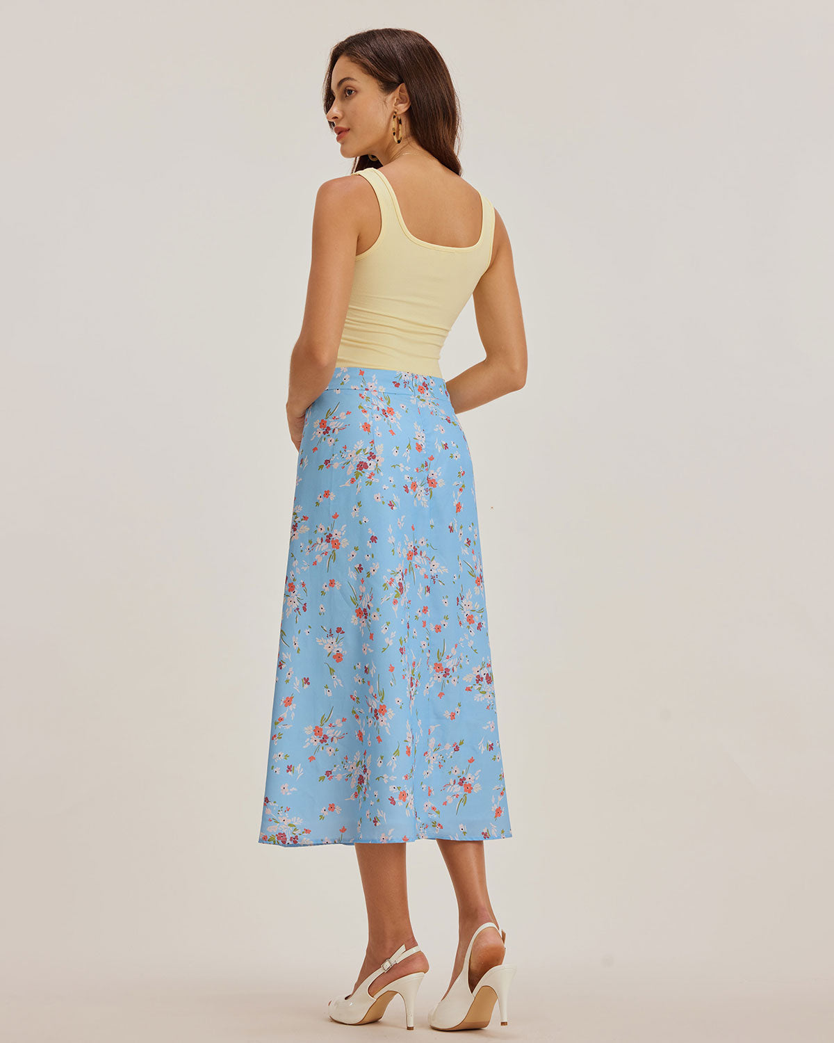 Falda Midi A-Line Floral Azul con Abertura