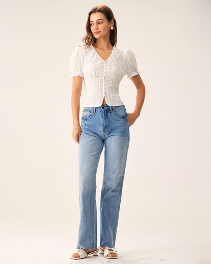 Blusa Blanca Floral con Mangas Abullonadas
