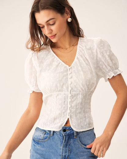 Blusa Blanca Floral con Mangas Abullonadas