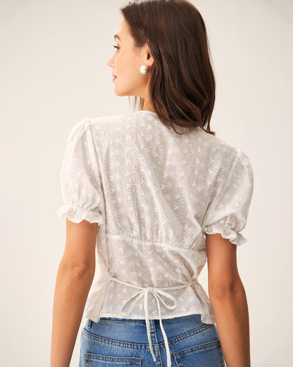 Blusa Blanca Floral con Mangas Abullonadas