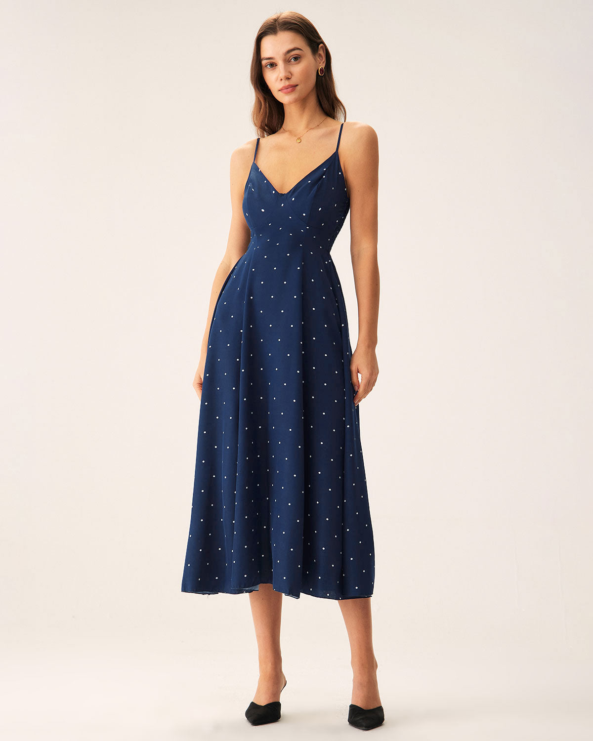Vestido Midi Deslizante con Lunares en Azul Marino