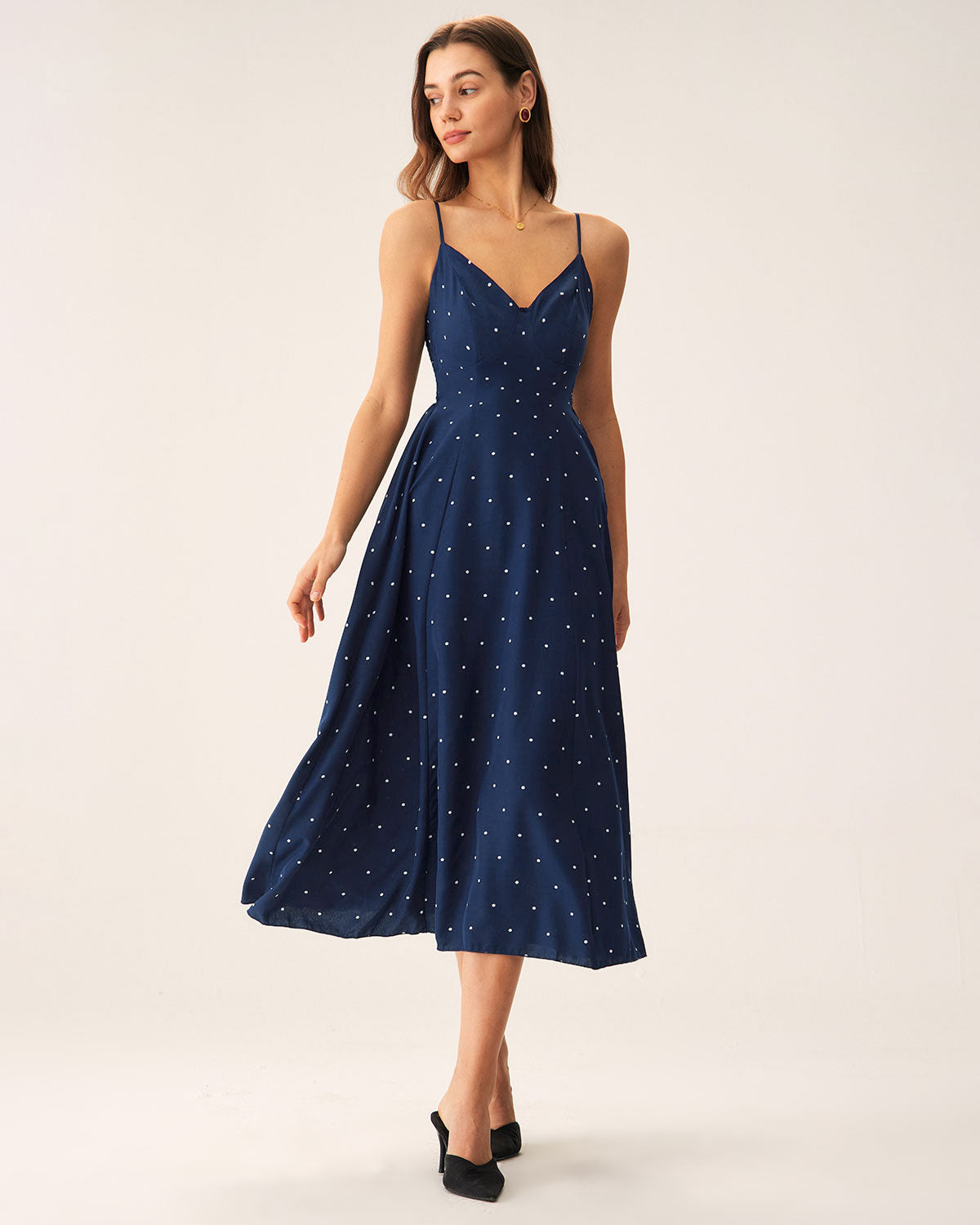 Vestido Midi Deslizante con Lunares en Azul Marino