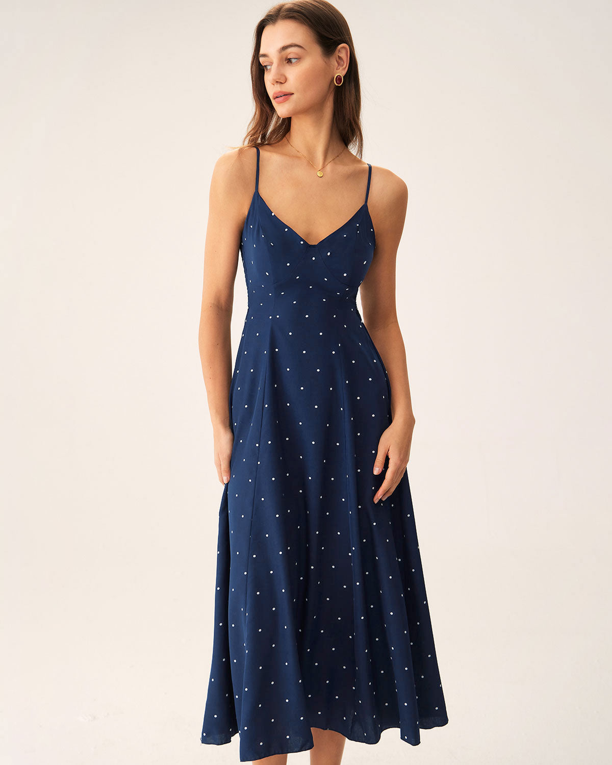 Vestido Midi Deslizante con Lunares en Azul Marino