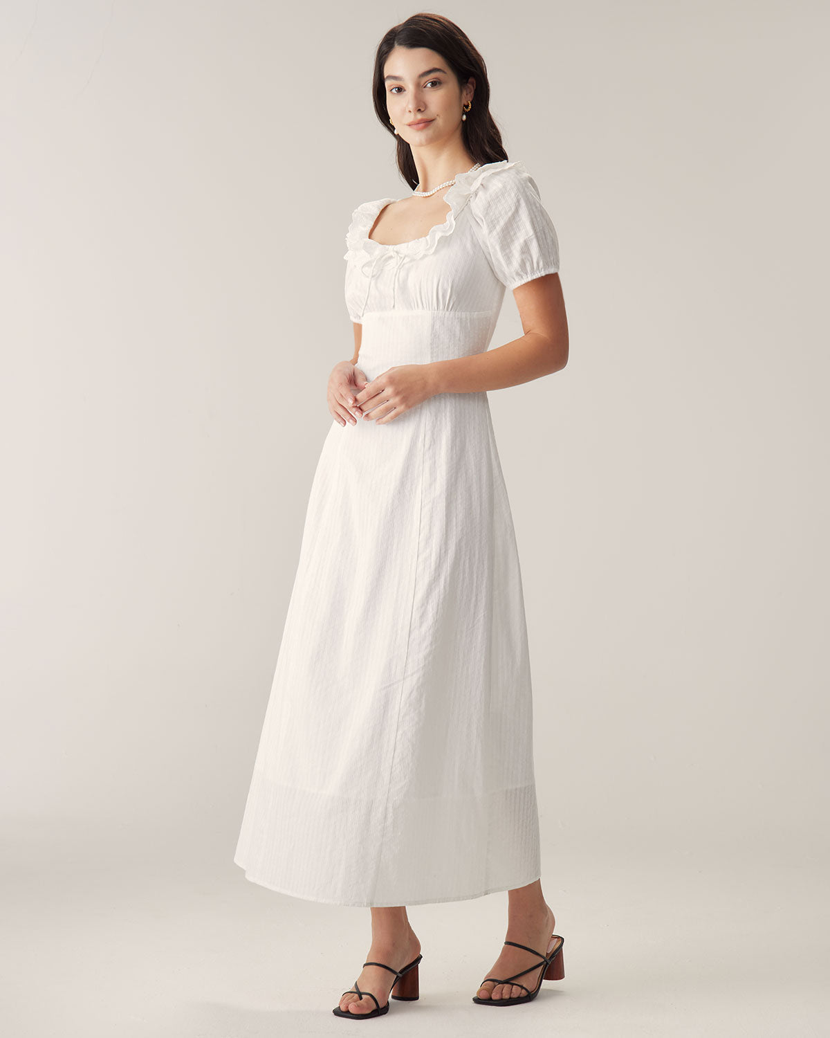 Vestido Maxi de Manga Abullonada con Bordado Blanco