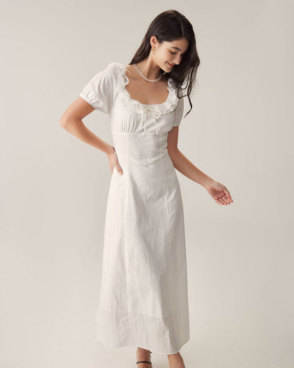Vestido Maxi de Manga Abullonada con Bordado Blanco