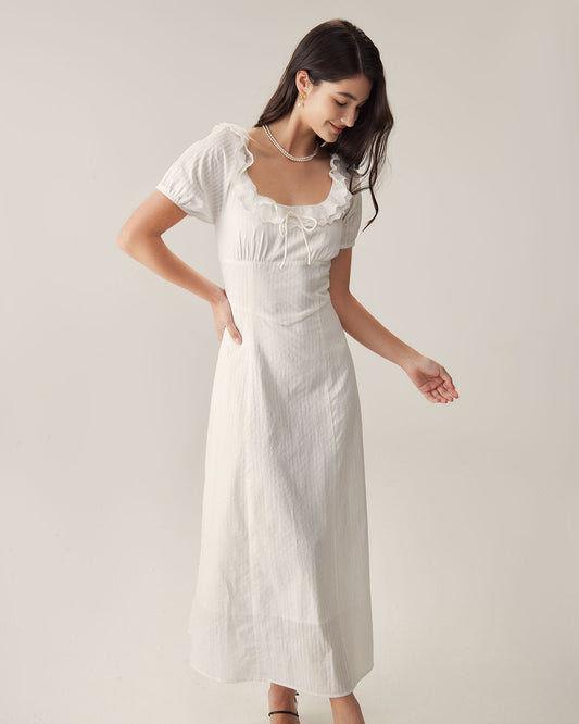 Vestido Maxi de Manga Abullonada con Bordado Blanco