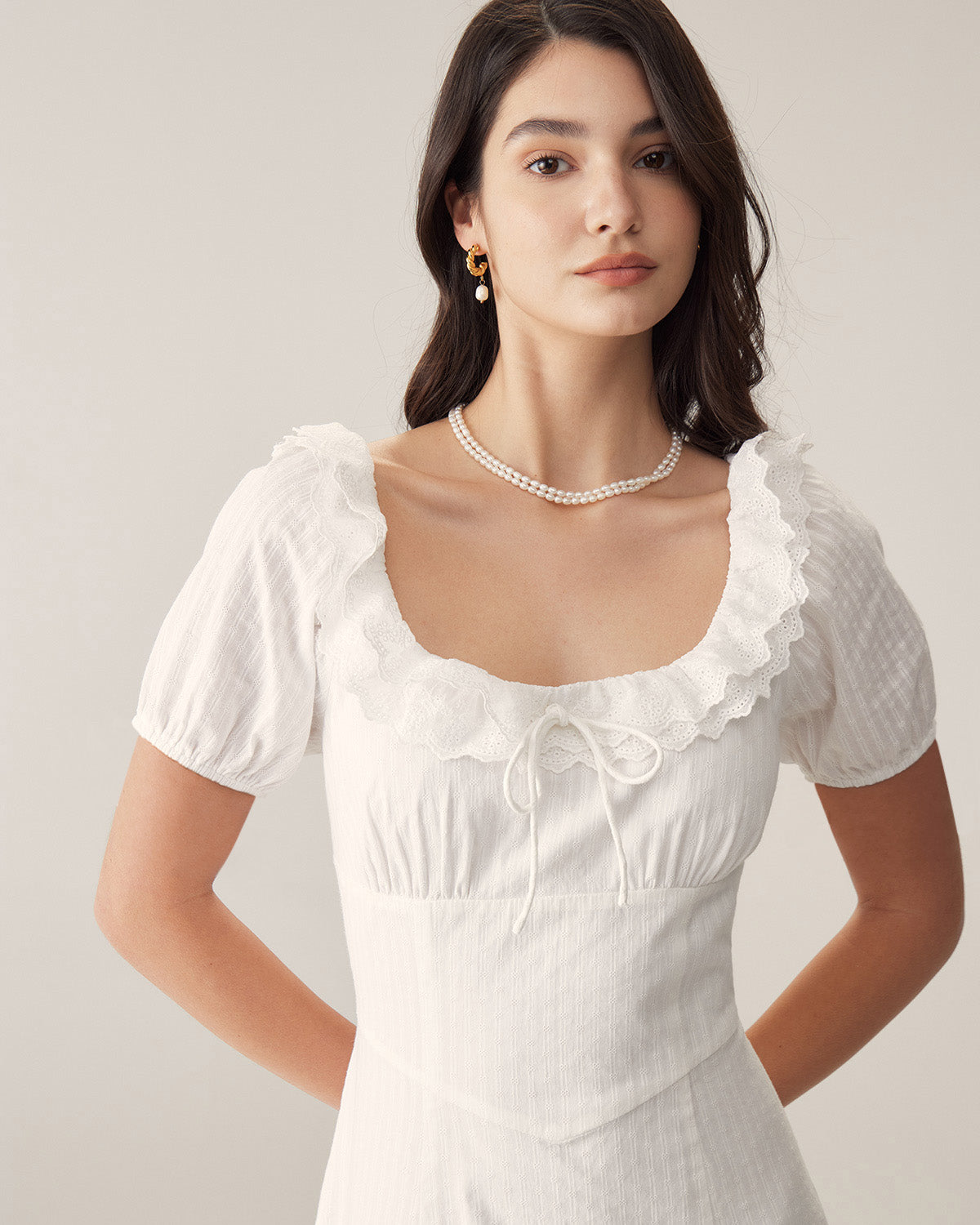 Vestido Maxi de Manga Abullonada con Bordado Blanco