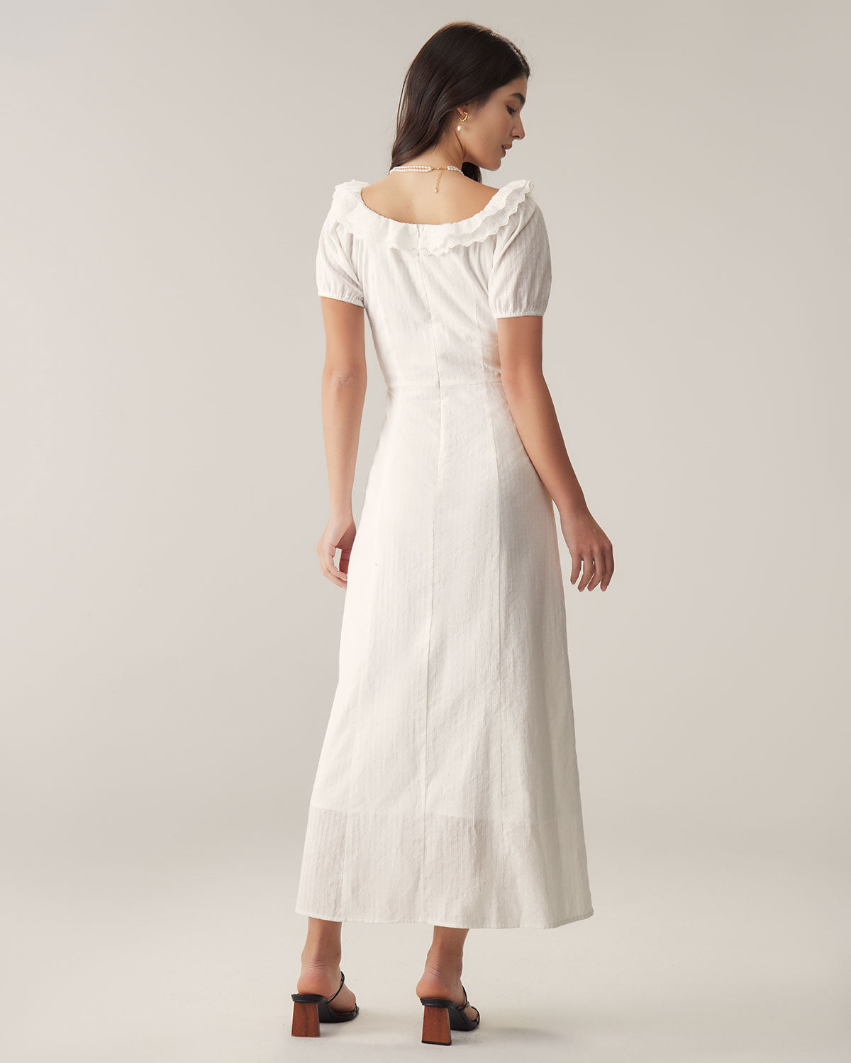 Vestido Maxi de Manga Abullonada con Bordado Blanco