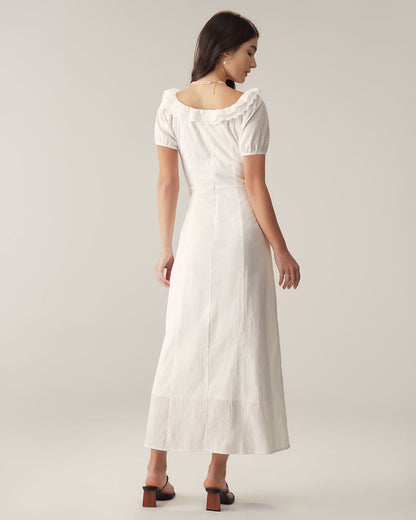 Vestido Maxi de Manga Abullonada con Bordado Blanco