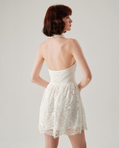 Vestido Mini Sin Mangas con Cuello de Encaje Blanco