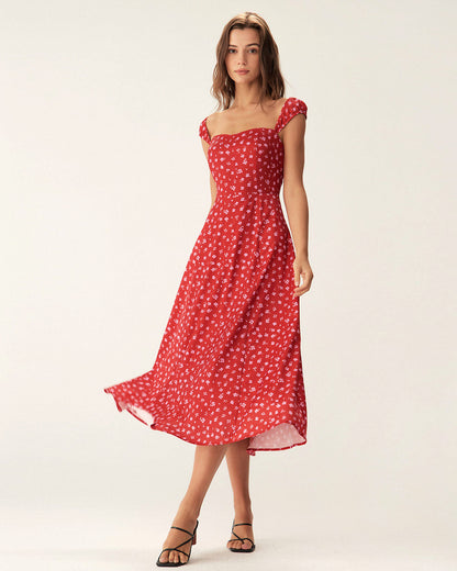 Vestido Midi Rojo Floral con Escote Corazón y Manga Corta
