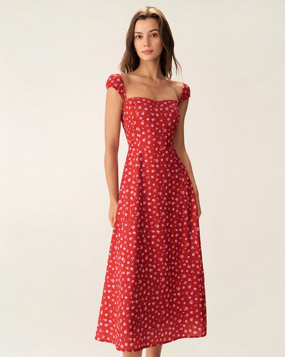 Vestido Midi Rojo Floral con Escote Corazón y Manga Corta