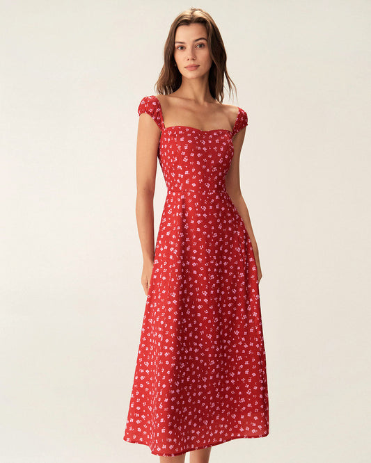 Vestido Midi Rojo Floral con Escote Corazón y Manga Corta