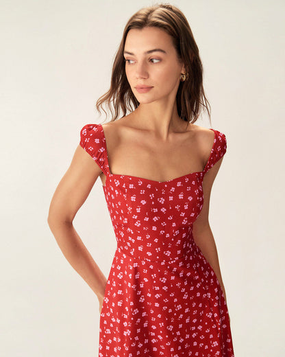 Vestido Midi Rojo Floral con Escote Corazón y Manga Corta