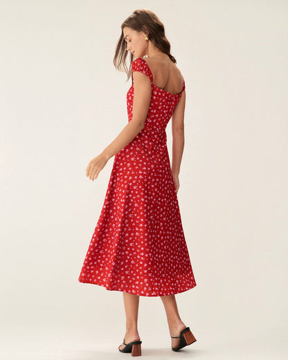 Vestido Midi Rojo Floral con Escote Corazón y Manga Corta