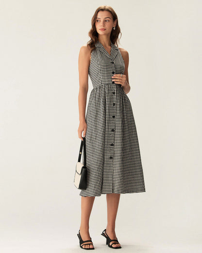Vestido Midi Sin Mangas de Cuadro Negro