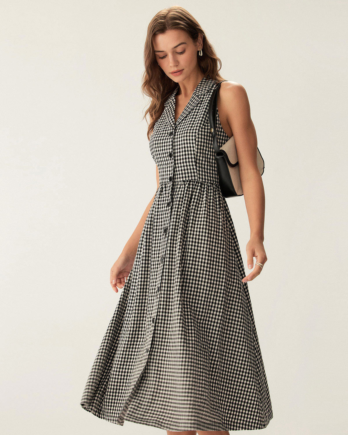 Vestido Midi Sin Mangas de Cuadro Negro