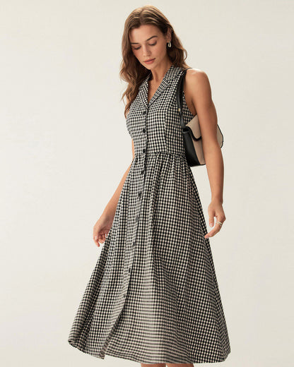 Vestido Midi Sin Mangas de Cuadro Negro