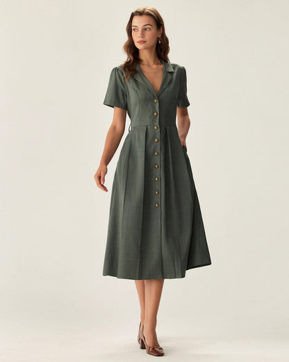 Vestido Midi Botonado Plisado Verde con Escote en V