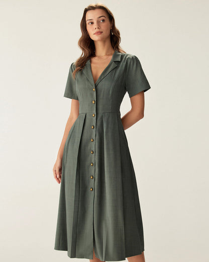 Vestido Midi Botonado Plisado Verde con Escote en V