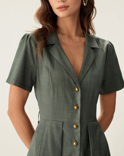 Vestido Midi Botonado Plisado Verde con Escote en V