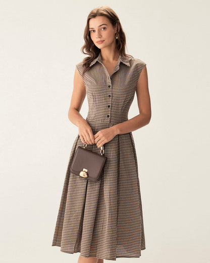 Vestido Midi Plisado a Cuadros Marrón con Botones
