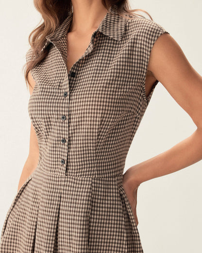 Vestido Midi Plisado a Cuadros Marrón con Botones