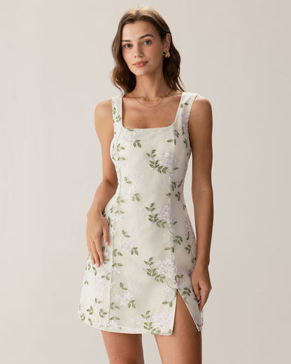 Vestido Mini Slip de Cuello Cuadrado Beige con Bordado y Abertura