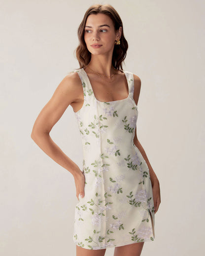 Vestido Mini Slip de Cuello Cuadrado Beige con Bordado y Abertura