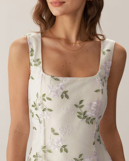 Vestido Mini Slip de Cuello Cuadrado Beige con Bordado y Abertura