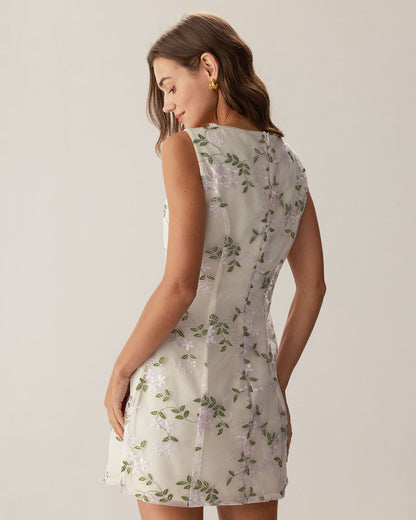 Vestido Mini Slip de Cuello Cuadrado Beige con Bordado y Abertura