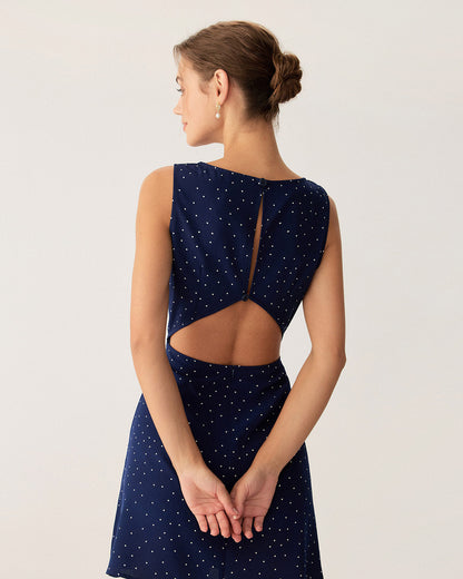 Vestido Mini Sin Mangas con Corte y Lunares Azules