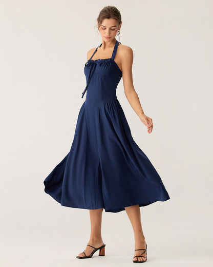 Vestido Midi Halter Arrugado en Color Marino