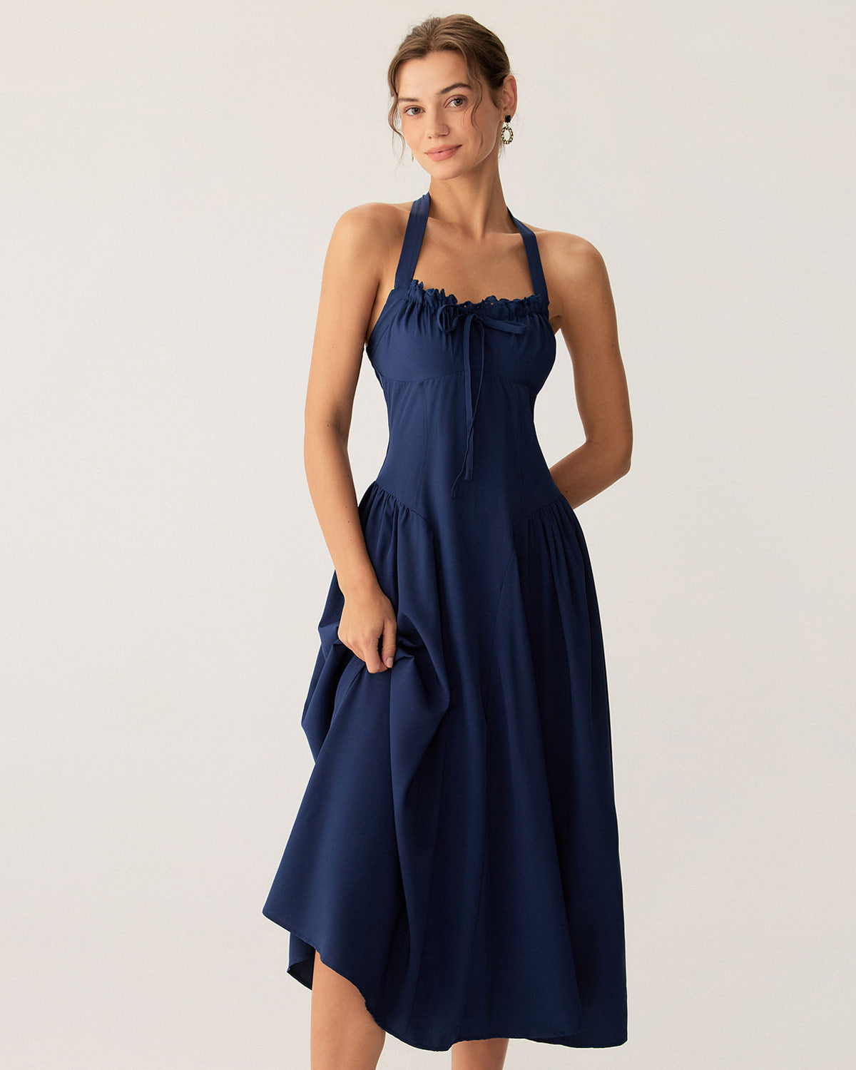 Vestido Midi Halter Arrugado en Color Marino