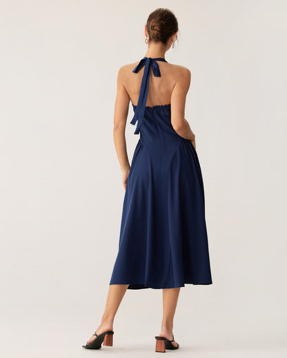 Vestido Midi Halter Arrugado en Color Marino