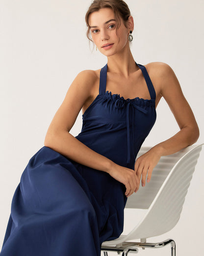 Vestido Midi Halter Arrugado en Color Marino