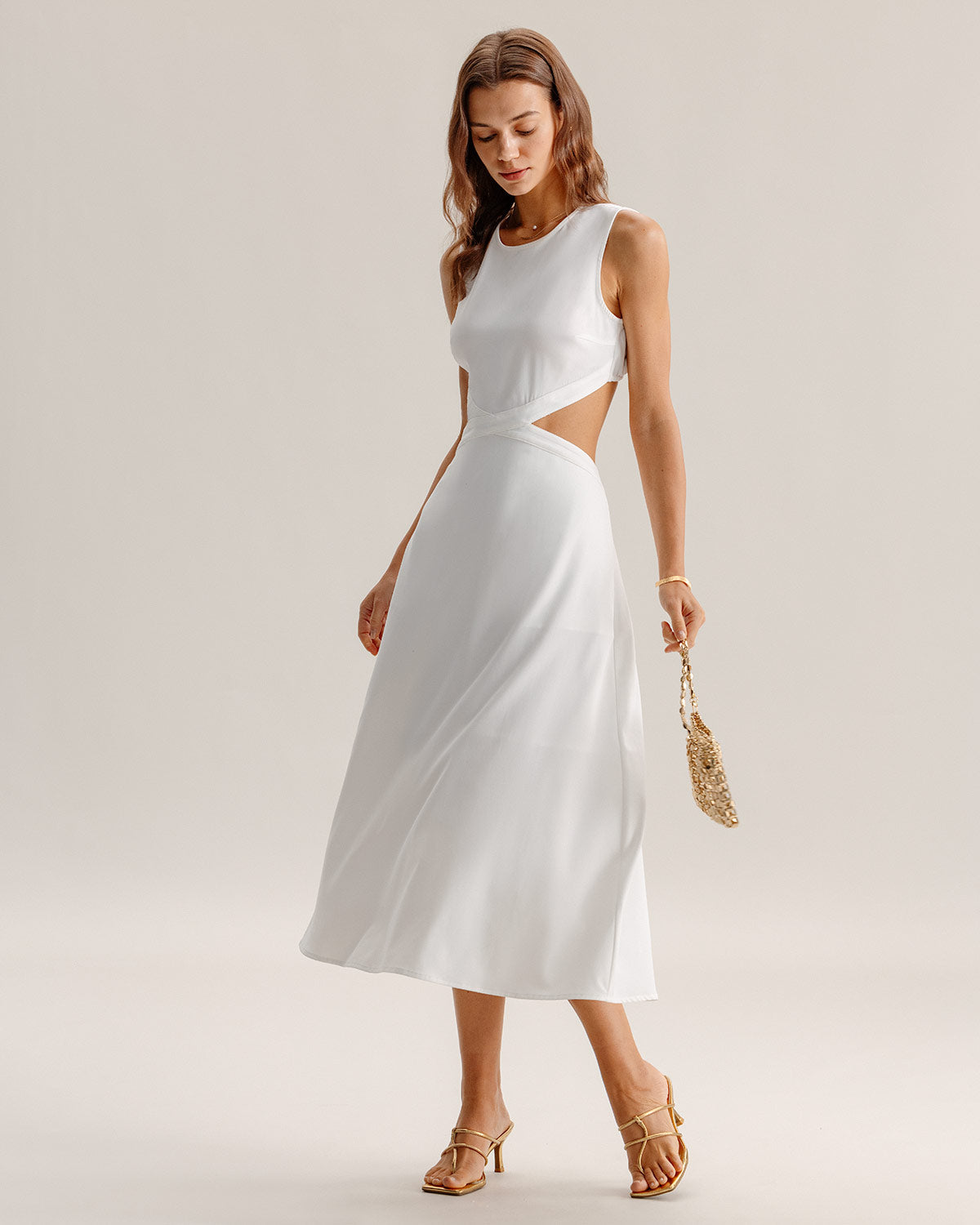 Vestido Midi Sin Mangas con Corte en Blanco
