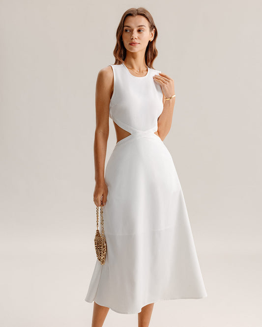 Vestido Midi Sin Mangas con Corte en Blanco