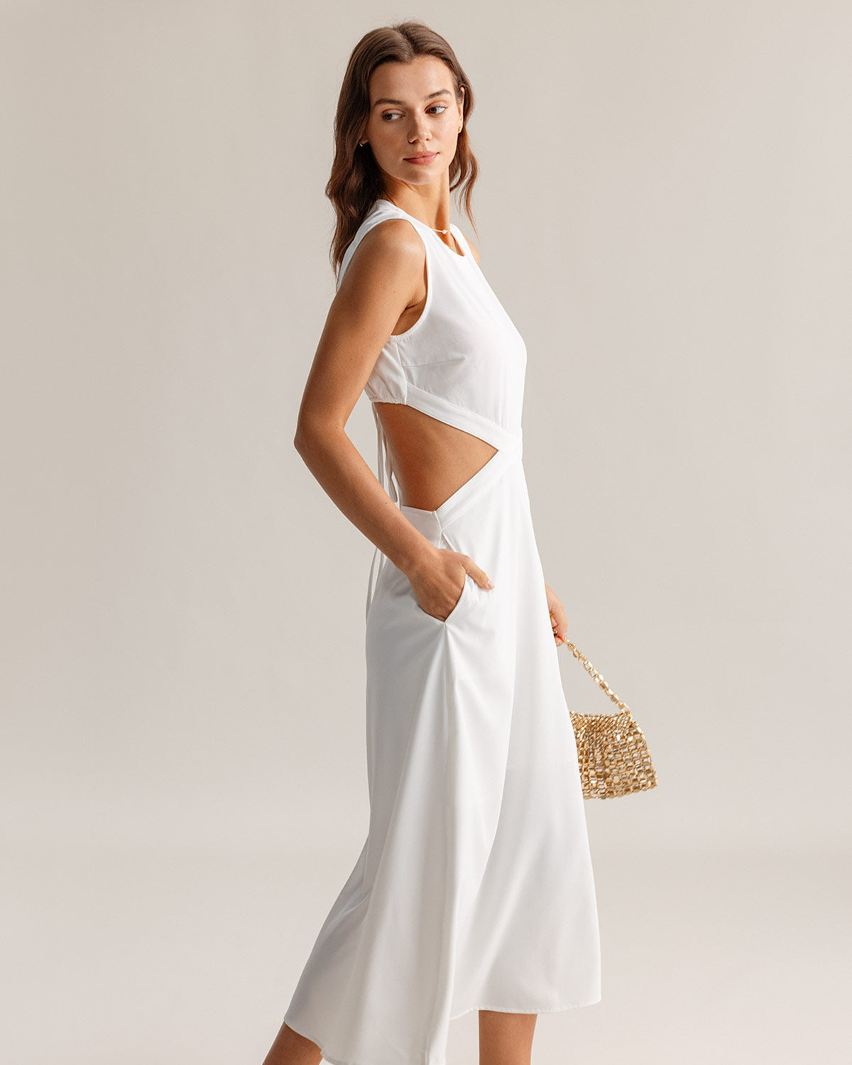 Vestido Midi Sin Mangas con Corte en Blanco