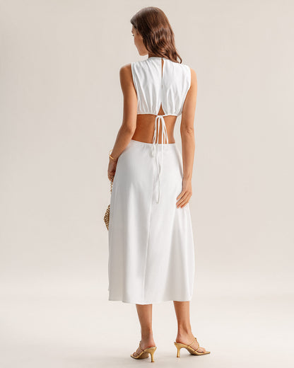 Vestido Midi Sin Mangas con Corte en Blanco