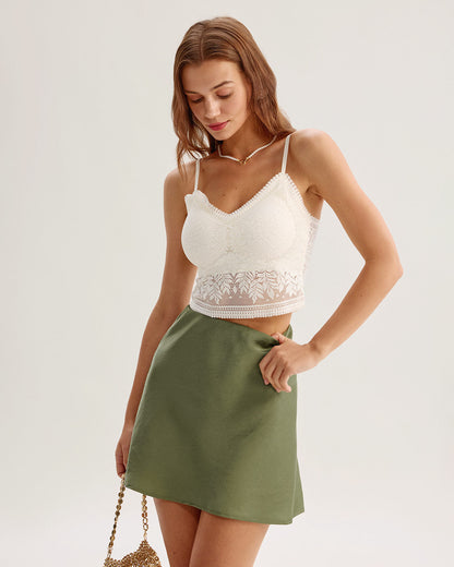 Falda Mini A-Line de Satén Verde con Cintura Elástica
