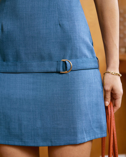 Vestido Mini Azul con Cuello Barco y Cinturón