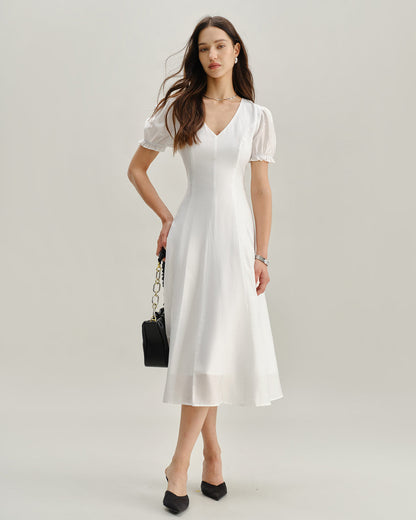 Vestido Midi de Cuello en V con Mangas Abullonadas Blancas