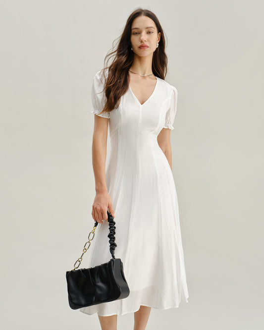 Vestido Midi de Cuello en V con Mangas Abullonadas Blancas
