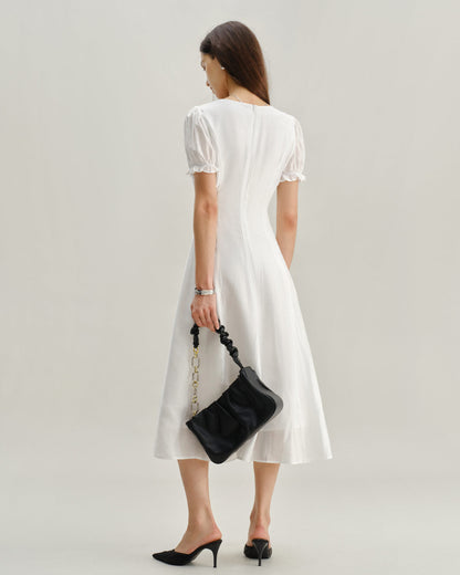Vestido Midi de Cuello en V con Mangas Abullonadas Blancas