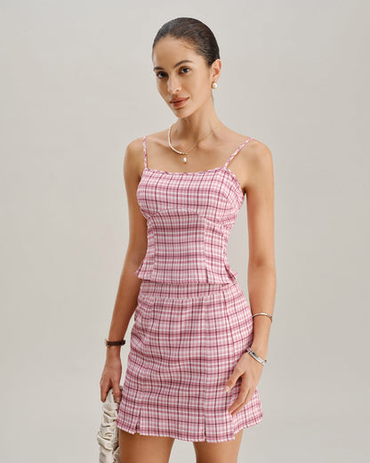 Falda Mini Recta de Cuadro Rosa